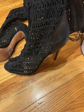 SCHUTZ Black Open-Knit Peep-Toe Stiletto Booties